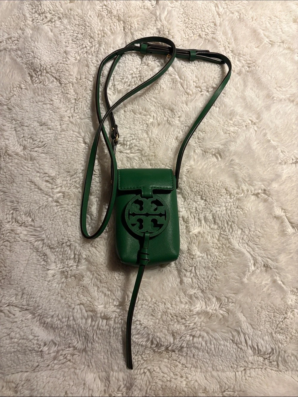 Tory Burch Emerald Green Leather Crossbody Micro Pouch with Logo Cutout